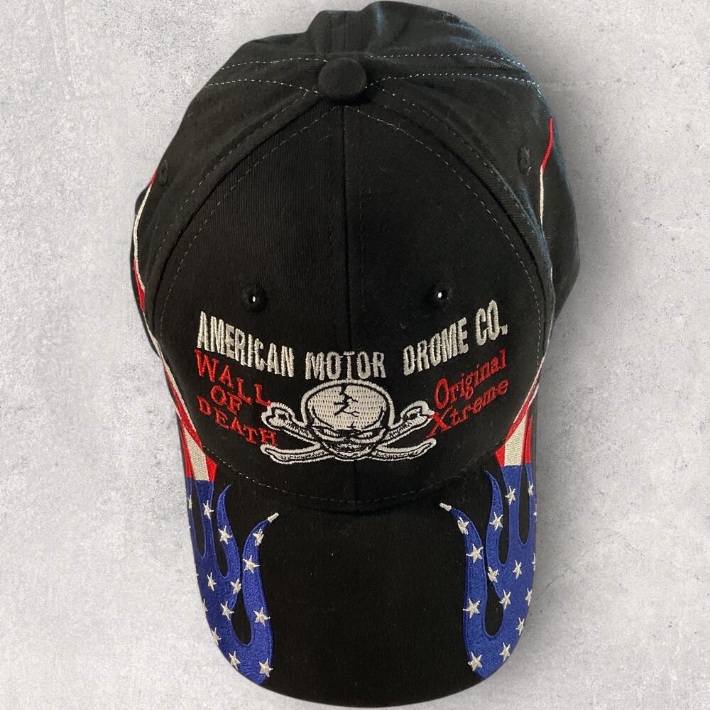American Motor Drome Co Wall of Death Hat Skull Flames USA Otto Cap One Size